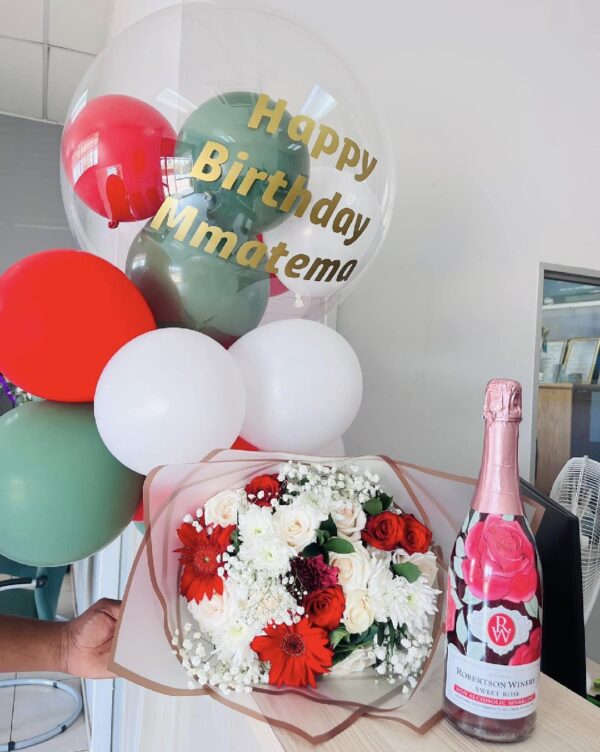 Customised Balloons, Mixed Bunch Flowers, and 750ml Robertson Sweet Rosé Combo